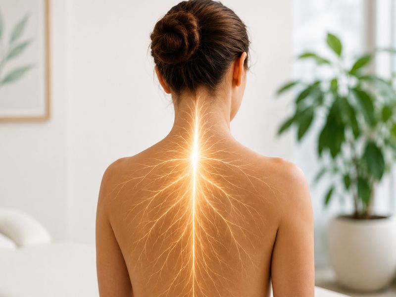 Woman seated in a wellness clinic with an illuminated nervous system graphic overlay along her spine, representing neural therapy and nervous system regulation.