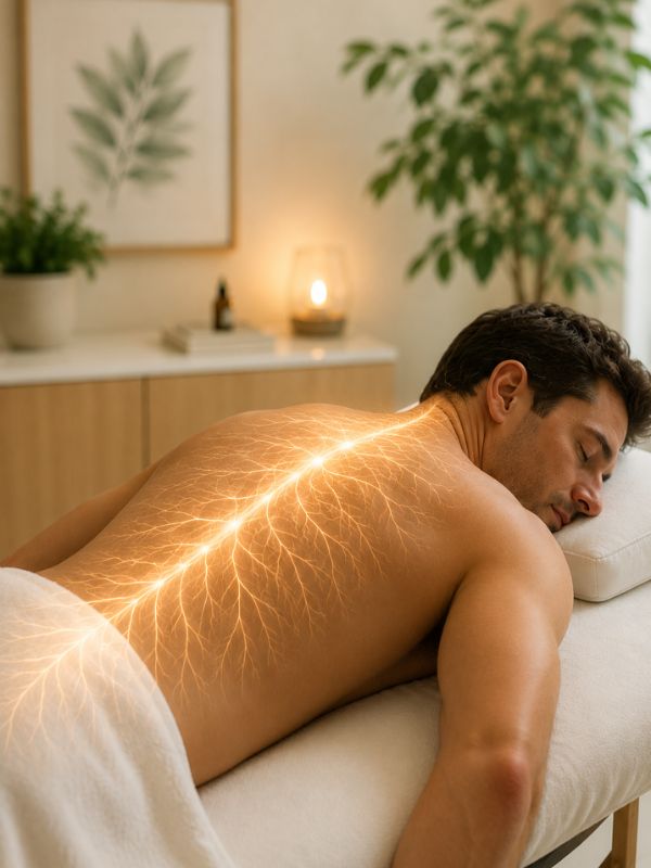 Man receiving neural therapy in a wellness clinic with a nervous system illustration along his back.