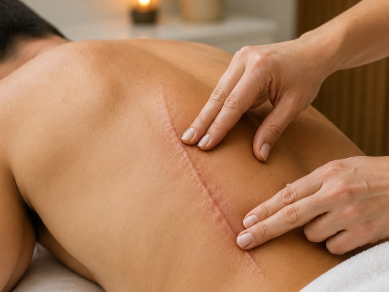 Close-up of a practitioner touching a healed scar on a patient's back during a neural therapy treatment session